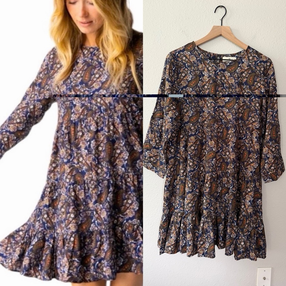 Natural Life Blue Floral Paisley Heidi Travel Tiered Mini Dress Boho Peasant M